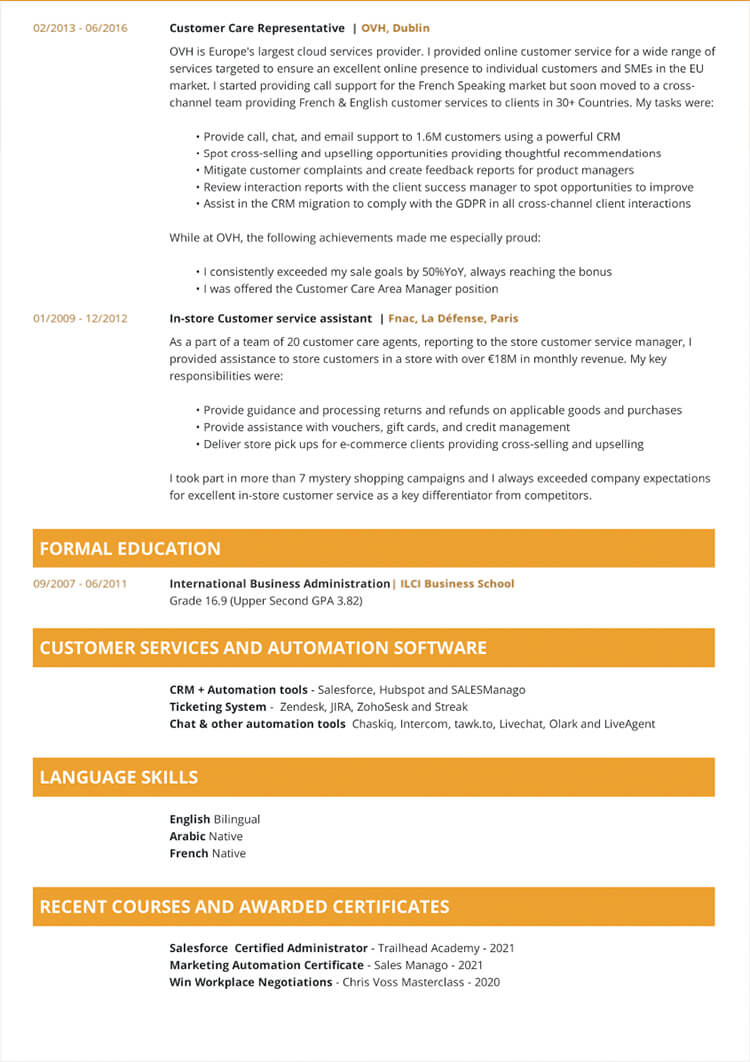 personal statement cv customer service