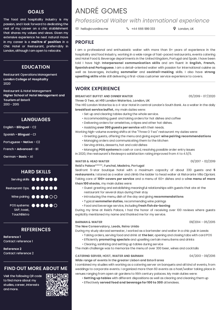 cv personal statement examples for waitress