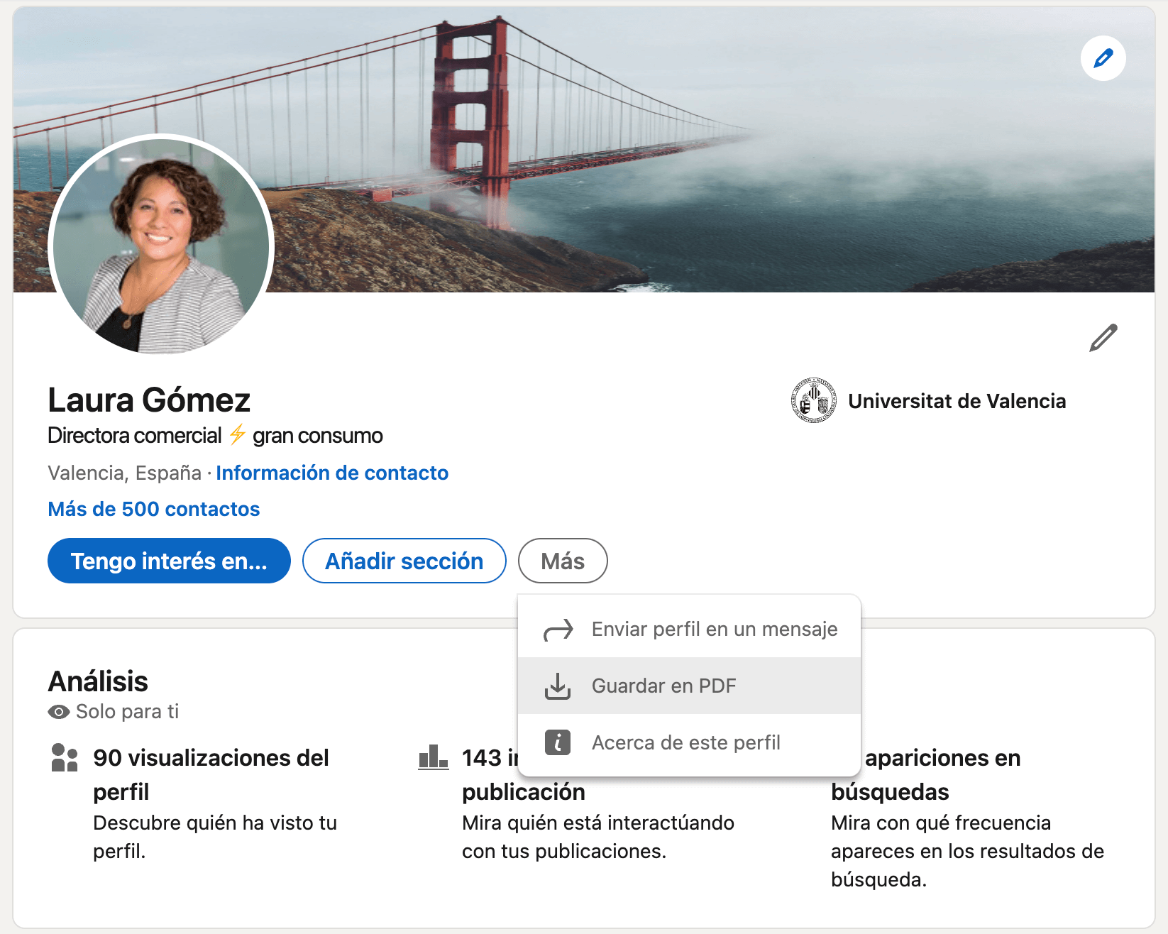 Pantallazo de como descargar tu perfil de Linkedin en PDF