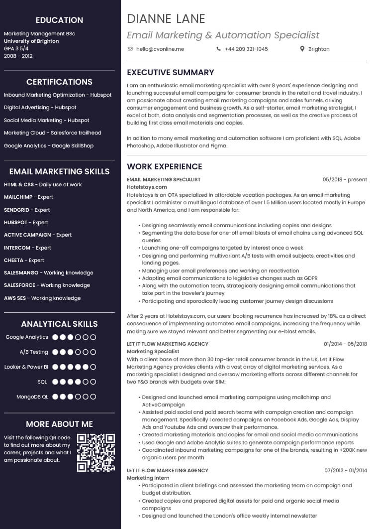 digital marketing personal statement cv