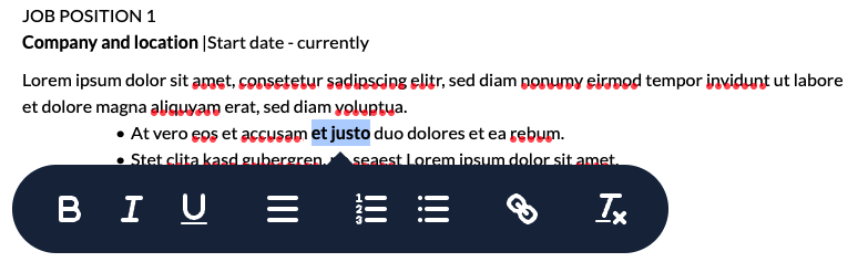 Menú de edición de texto de un CV PDF en cvonline.me